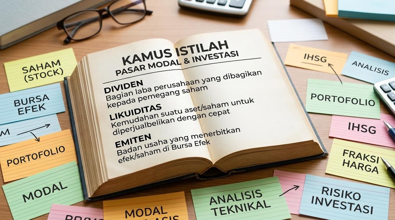 Glosarium istilah saham terbuka dengan kartu catatan berwarna