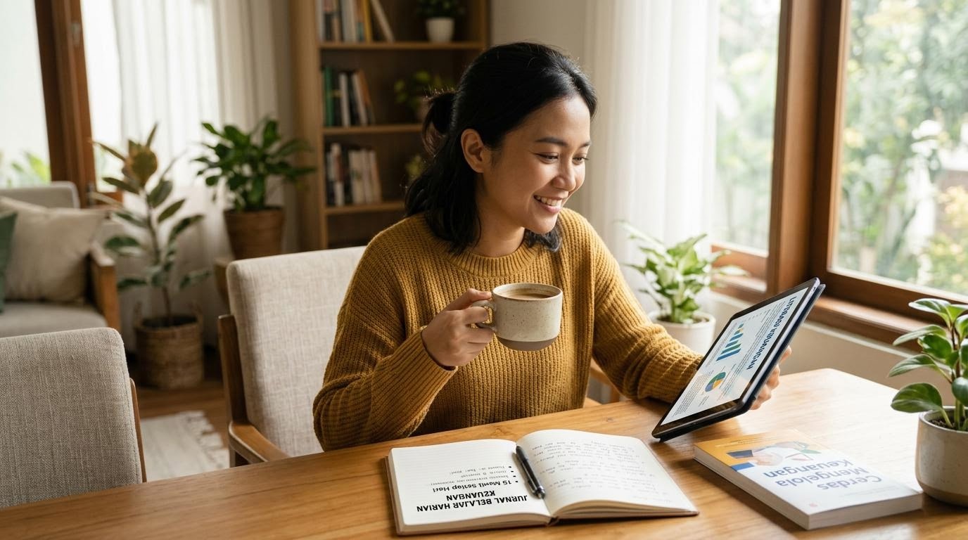 Seseorang membaca buku keuangan sambil minum kopi di pagi hari