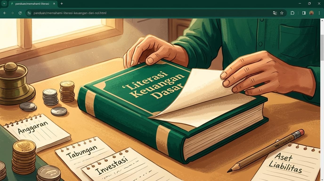Buku literasi keuangan terbuka di atas meja belajar
