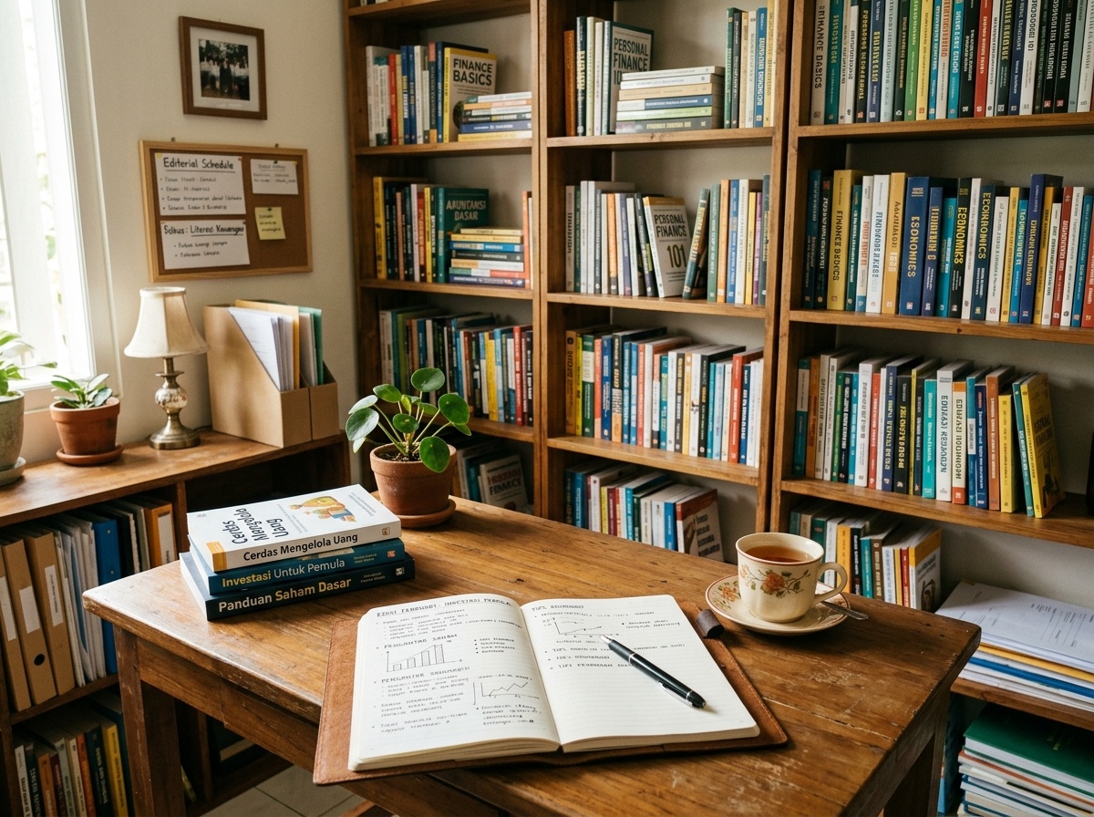 Ruang kerja editorial Ruang Edukasi Pemula dengan buku-buku literasi keuangan